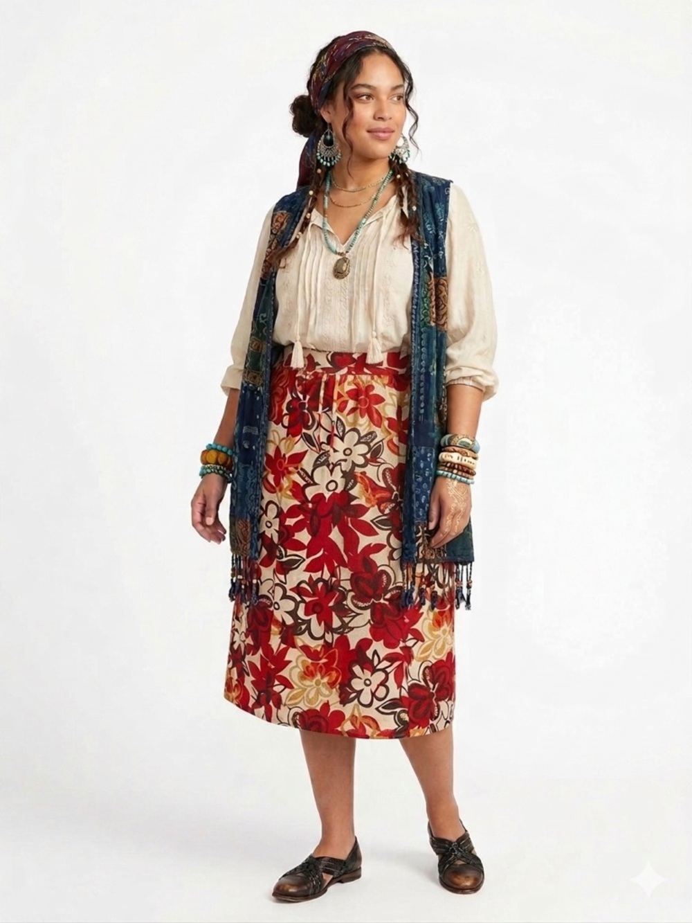 Red Floral Midi Skirt